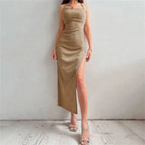 Getadme 섹시 블랙 롱 바디콘 드레스 여성 여름 민소매 블랙리스 홀터넥 스파게티 스트랩 드레스 하이 스플릿 베스디소