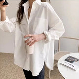 GETADME-Office Lady Elegant White Casual Loose Blouses Fashion New Cotton Long Sleeve Women Shirt Turndown Collar Tops