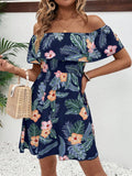 GETADME-우아한 패션 여성 드레스 라인 넥 반팔 러플 전신 프린트 러플 캐주얼