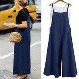 Women's Summer Sleeveless Jumpsuit Solid Color Wide Leg Bib Overalls Casual Loose Cotton Linen Straps Dungaree