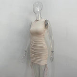 Getadme 섹시 레이스업 드로스트링 폴드 니트 슬림 바디콘 드레스 여성 민소매 솔리드 컬러 스키니 드레스 우아한 클럽 파티 베스디소