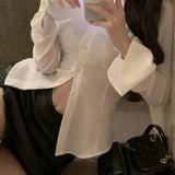 GETADME-Sexy Slim Flared Sleeve Women's Shirt Solid Lapel Single-breasted Back Bandage Tunic Female Blouses Spring Trend New Lady