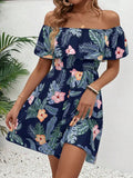 GETADME-우아한 패션 여성 드레스 라인 넥 반팔 러플 전신 프린트 러플 캐주얼