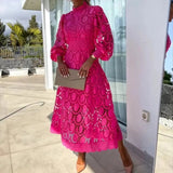 패션 스탠드 칼라 레이스 드레스 프렌치 퍼프 롱 슬리브 타이트 드레스 홀로우 아웃 우아한 베스디소드 캐주얼 파티 생일 스커트 