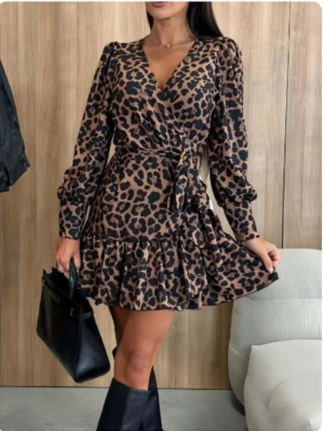 Getadme Women's Leopard Printed Dresses V-Neck Lace Up Bubble Long Sleeved Sexy Dress Elegant Dating Autumn Mini Dress