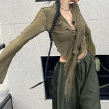 GETADME-Long Flare Sleeve Blouses for Women Lace-up Mesh Sexy Sweet Hot Girls Korean Fashion Style All-match Solid Design Elegant Casual