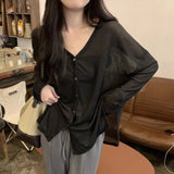 GETADME-Solid V-neck Shirt Women Spring Single Breasted Chiffon Loose Slim All-match Sun Protection Thin Breathable Fashion Slim Cozy