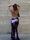 GETADME Backless Maxi Dress Women Sexy Purple Print Halter Bodycon Dress Summer Beach Outfits Elegant Sleeveless Club Party Dress 2025