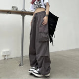 GETADME Women Casual Baggy Cargo Pants Solid Low Waist Joggers Tech Pants Drawstring Wide Leg Baggy Trousers Y2K Streetwear Sweatpants