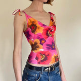 GETADME Rockmore Floral Print Draped Neck Crop Tops Women Tie up Camis Coquette Aesthetic Summer Sweet Holiday Beach Style Vest