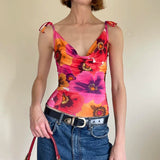 GETADME Rockmore Floral Print Draped Neck Crop Tops Women Tie up Camis Coquette Aesthetic Summer Sweet Holiday Beach Style Vest