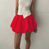 GETADME Women Lantern Mini Skirts Summer Casual Loose Fitting Elastic Waist Solid Color Short Puffball Skirt Sweet Style Skirts Girls