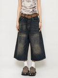 GETADME High Waist Black Retro Washed Denim Shorts Women's Harajuku Vintage Fashion Casual Loose Y2K Streetwear Mid Long Wide Leg Pants