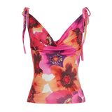GETADME Rockmore Floral Print Draped Neck Crop Tops Women Tie up Camis Coquette Aesthetic Summer Sweet Holiday Beach Style Vest