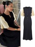 GETADME 우아한 니트 패치워크 미디 드레스 여성용 반팔 하이웨이스트 캐주얼 싱글 브레스트 커비 드레스 여름 블랙 살구색