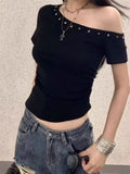 GETADME Y2k Women One Shoulder Tops Solid Slim Slash Neck Skew Collar Sexy Short Sleeve T-Shirts Commute Fashionable Casual Black Top
