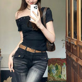 GETADME Y2k Women One Shoulder Tops Solid Slim Slash Neck Skew Collar Sexy Short Sleeve T-Shirts Commute Fashionable Casual Black Top