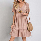 GETADME 2025 Women Sexy Elegant V Neck Ruffles Mini Dress Summer Vintage Solid Loose Sundress Bohemian Casual Solid Beach Party Vestidos