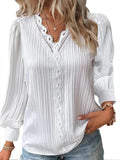 GETADME Long Sleeve V-Neck Fine Elegant Woman Shirts Lace Spliced Hollow Office Lady Blouses Youthful Fashion Loose Streetwear Tops
