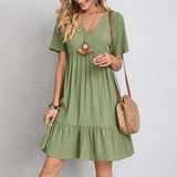 GETADME 2025 Women Sexy Elegant V Neck Ruffles Mini Dress Summer Vintage Solid Loose Sundress Bohemian Casual Solid Beach Party Vestidos