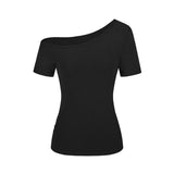 GETADME Y2k Women One Shoulder Tops Solid Slim Slash Neck Skew Collar Sexy Short Sleeve T-Shirts Commute Fashionable Casual Black Top