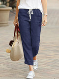 GETADME Women Elegant Simple Pants Fashion Drawstring Design Solid Color Cropped Pants Loose Causal Elastic Waist Office Lady Trousers