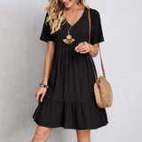 GETADME 2025 Women Sexy Elegant V Neck Ruffles Mini Dress Summer Vintage Solid Loose Sundress Bohemian Casual Solid Beach Party Vestidos