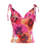 GETADME Rockmore Floral Print Draped Neck Crop Tops Women Tie up Camis Coquette Aesthetic Summer Sweet Holiday Beach Style Vest