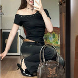 GETADME Y2k Women One Shoulder Tops Solid Slim Slash Neck Skew Collar Sexy Short Sleeve T-Shirts Commute Fashionable Casual Black Top