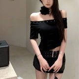 GETADME Y2k Women One Shoulder Tops Solid Slim Slash Neck Skew Collar Sexy Short Sleeve T-Shirts Commute Fashionable Casual Black Top
