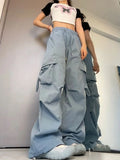 GETADME Women Y2K Cargo Pants High Waist Streetwear Hip Hop Trousers Female Big Pockets Casual Low Waist Drawstring Baggy Sweatpants