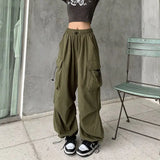 GETADME Women Casual Baggy Cargo Pants Solid Low Waist Joggers Tech Pants Drawstring Wide Leg Baggy Trousers Y2K Streetwear Sweatpants