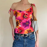 GETADME Rockmore Floral Print Draped Neck Crop Tops Women Tie up Camis Coquette Aesthetic Summer Sweet Holiday Beach Style Vest