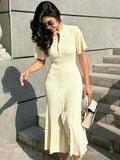 GETADME Elegant Knitted Single Breasted Midi Dress Women's Fashion Patchwork Curvy Dresses Female Casual 2025 Spring Summer Apricot New