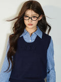 GETADME ADAgirl Dark Blue Sweater Vest Women Sleeveless Cropped Knitted Jumpers Preppy Style Autumn Winter Crochet Flower Clothes Chic
