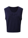 GETADME ADAgirl Dark Blue Sweater Vest Women Sleeveless Cropped Knitted Jumpers Preppy Style Autumn Winter Crochet Flower Clothes Chic