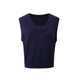 GETADME ADAgirl Dark Blue Sweater Vest Women Sleeveless Cropped Knitted Jumpers Preppy Style Autumn Winter Crochet Flower Clothes Chic