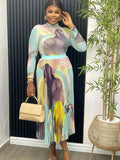 GETADME Miyake Pleated Set 2025 Spring New Half High Collar Long Sleeves Slim T-shirt&Loose A-line Skirts Women 2 Piece Sets 9A305