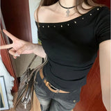 GETADME Y2k Women One Shoulder Tops Solid Slim Slash Neck Skew Collar Sexy Short Sleeve T-Shirts Commute Fashionable Casual Black Top
