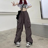 GETADME Women Casual Baggy Cargo Pants Solid Low Waist Joggers Tech Pants Drawstring Wide Leg Baggy Trousers Y2K Streetwear Sweatpants