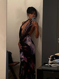 GETADME Backless Maxi Dress Women Sexy Purple Print Halter Bodycon Dress Summer Beach Outfits Elegant Sleeveless Club Party Dress 2025