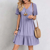 GETADME 2025 Women Sexy Elegant V Neck Ruffles Mini Dress Summer Vintage Solid Loose Sundress Bohemian Casual Solid Beach Party Vestidos