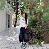 GETADME High Waist Black Retro Washed Denim Shorts Women's Harajuku Vintage Fashion Casual Loose Y2K Streetwear Mid Long Wide Leg Pants