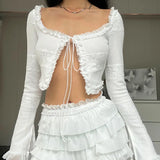 GETADME 여성 솔리드 스위트 미니 스커트 세트 러플 레이어드 스퀘어넥 크롭 탑 스커트 투피스 세트 캐주얼 걸 섹시 Y2K 의상