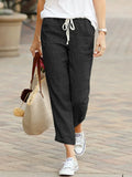 GETADME Women Elegant Simple Pants Fashion Drawstring Design Solid Color Cropped Pants Loose Causal Elastic Waist Office Lady Trousers