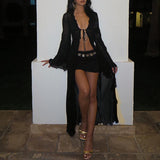 GETADME Abrini 여성 블랙 시스루 메시 비치 드레스 여성 섹시 레이스업 카디건 맥시 드레스 긴팔 우아한 홀리데이 파티 드레스 여름