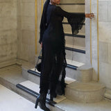 GETADME Abrini 여성 블랙 시스루 메시 비치 드레스 여성 섹시 레이스업 카디건 맥시 드레스 긴팔 우아한 홀리데이 파티 드레스 여름