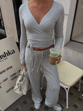 GETADME Absobe Autumn Winter Loose Pants Leisure Suit Women Flare Sleeve Crop Cardigan Top Lace-up Solid 2 Piece Set Fashion Outfit