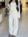 GETADME Absobe Autumn Winter Loose Pants Leisure Suit Women Flare Sleeve Crop Cardigan Top Lace-up Solid 2 Piece Set Fashion Outfit