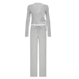 GETADME Absobe Autumn Winter Loose Pants Leisure Suit Women Flare Sleeve Crop Cardigan Top Lace-up Solid 2 Piece Set Fashion Outfit